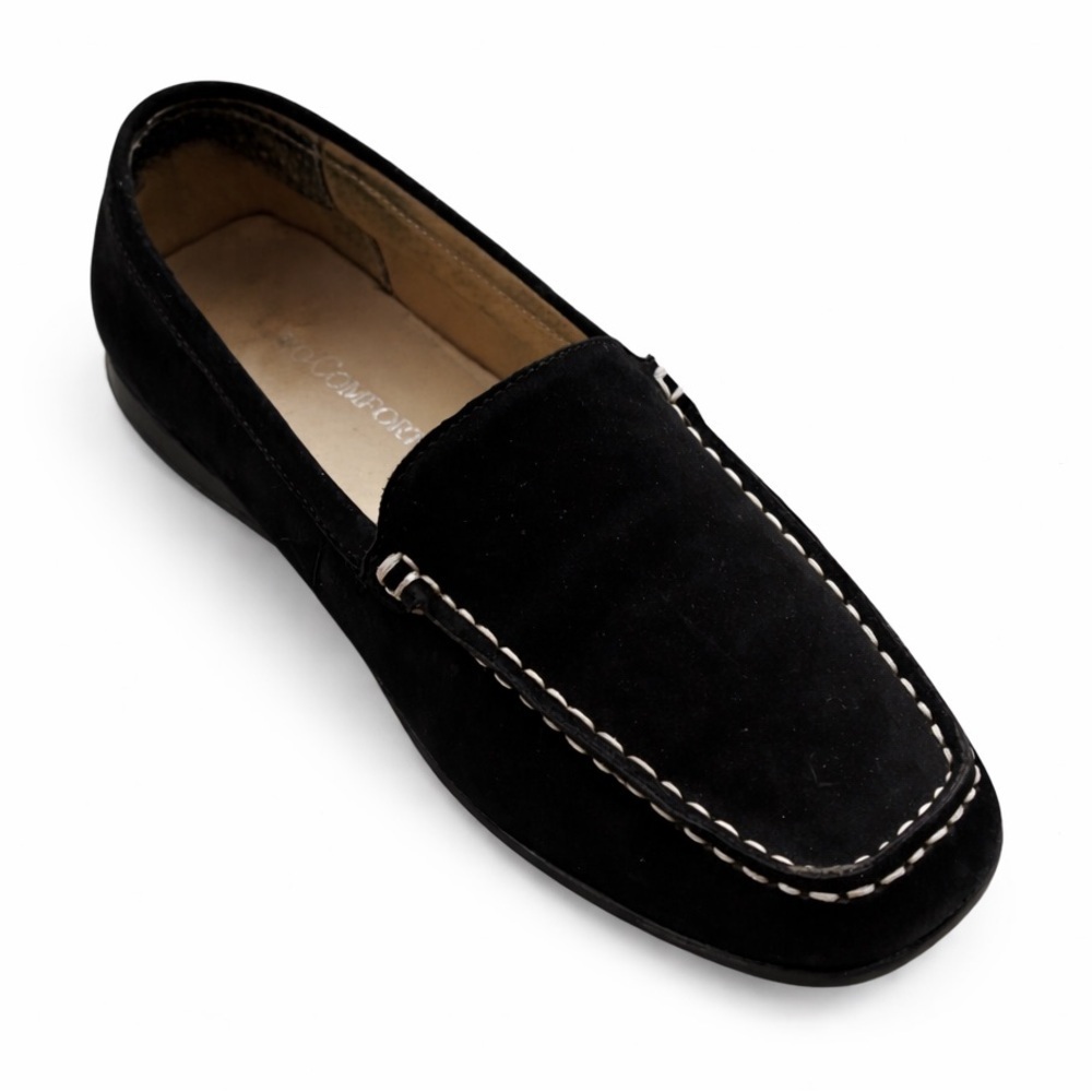 Vero Comfort Black Leather Slip-On Loafers White Stitching Women 7M Runs Narrow - Picture 2 of 5